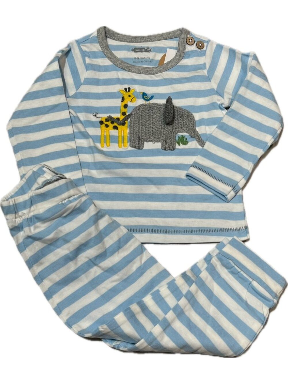 Mud Pie crochet elephant giraffe 2pc pants set 6-9m NWT blue stripe zoo jungle